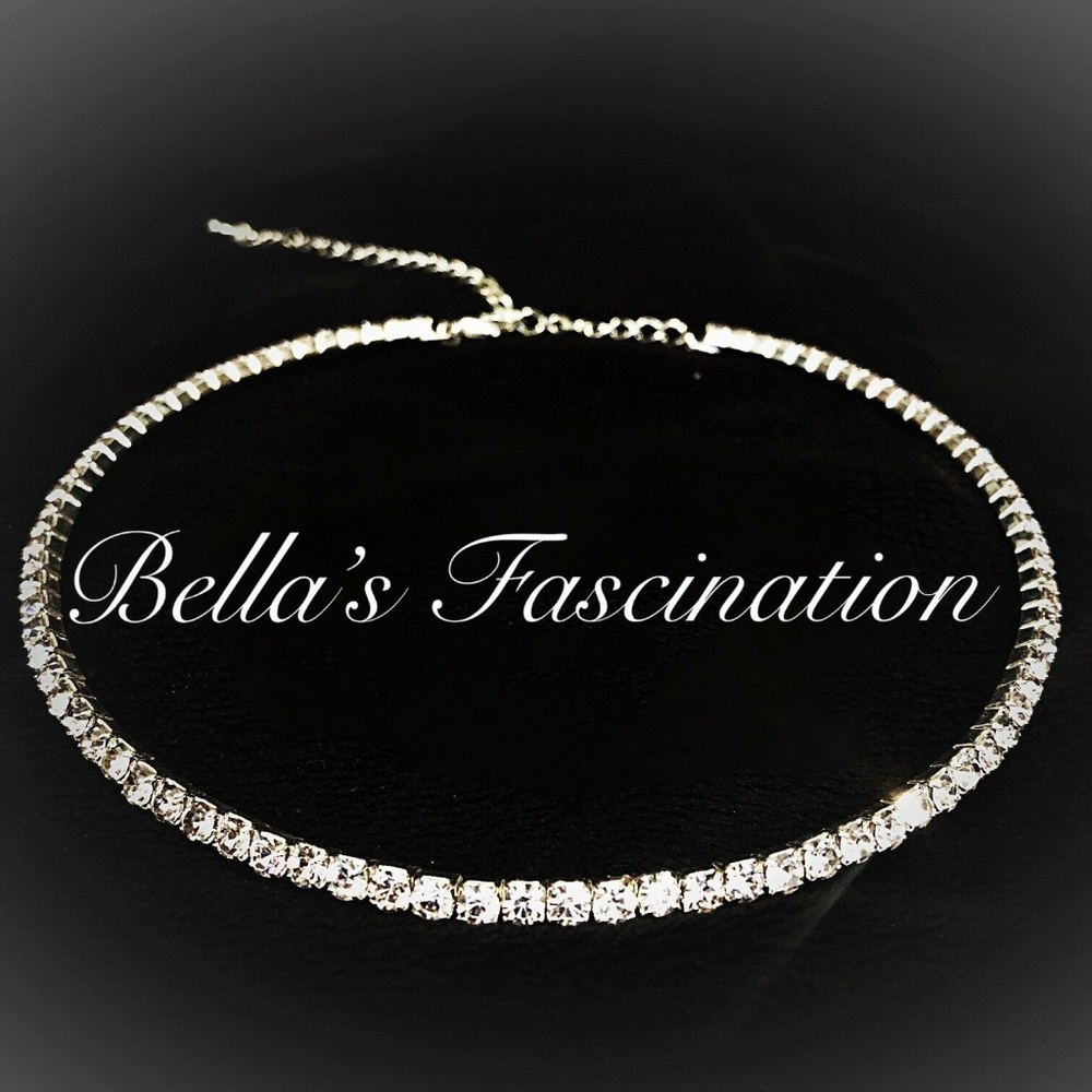 Rhinestone Choker 1 Single Row Necklace Adjustable